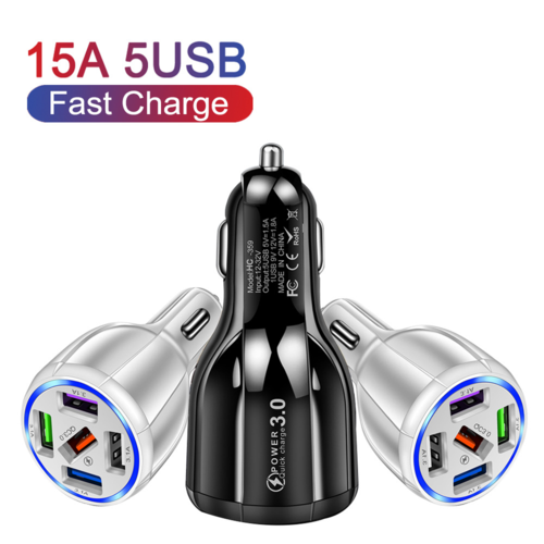 Cargador de coche de 15 W con carga rápida y 5 puertos USB QC3.0