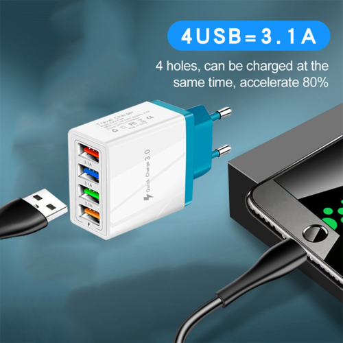 Cargador USB de 4 puertos con carga rápida para iPhone, Huawei y Samsung