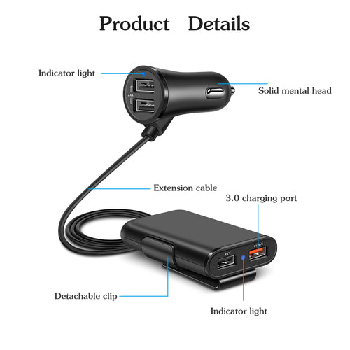 Cargador de coche USB inteligente con tecnología Quick Charge 3.0 y clip de sujeción